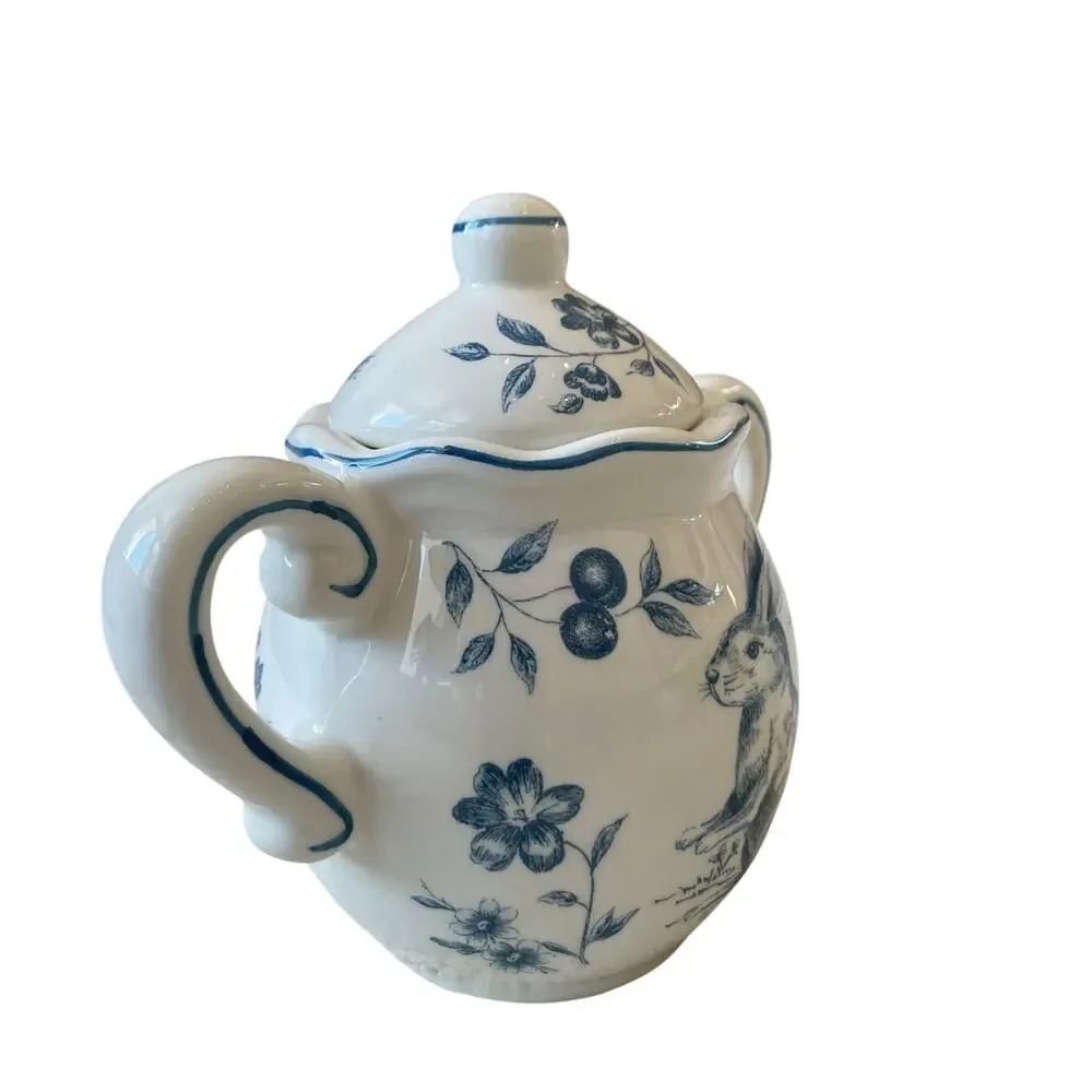 Maxcera Blue Bunny Rabbit Toile Creamer & Sugar Bowl With Lid Easter Ceramic New